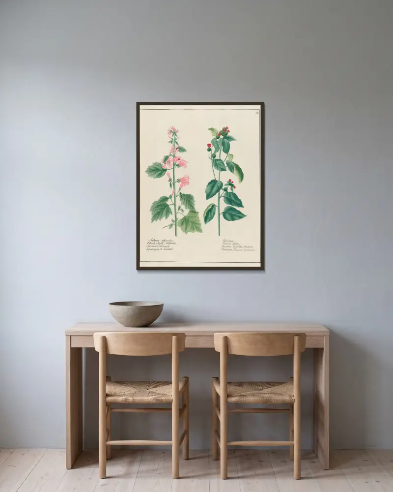 Althaea officinalis … [and] Bardana av Petr Martynovich Gofman inramad på en vägg