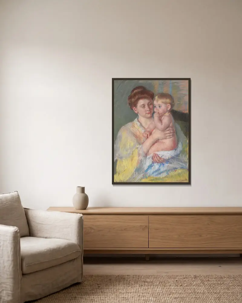 Baby John mit dem Zeigefinger im Mund von Mary Cassatt gerahmt an einer Wand