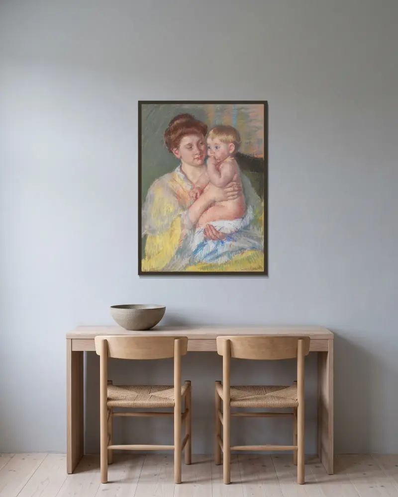 Baby John mit dem Zeigefinger im Mund von Mary Cassatt gerahmt an einer Wand