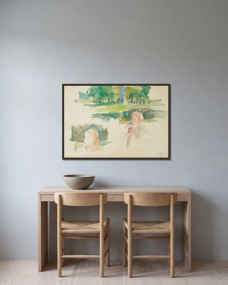 Landskapsstudie med flod och barn, 1910 – nr 1 av Mary Cassatt inramad på en vägg