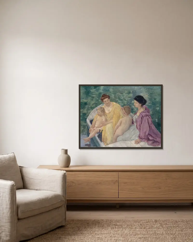 Das Bad von Mary Cassatt gerahmt an einer Wand