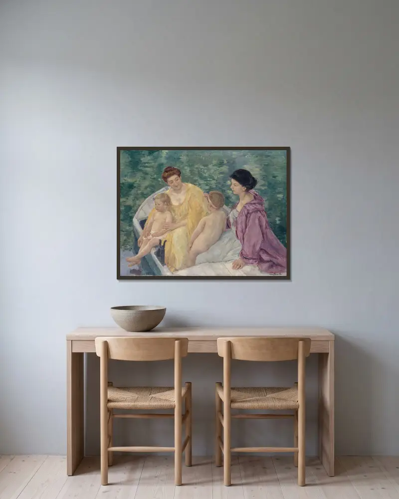 Das Bad von Mary Cassatt gerahmt an einer Wand