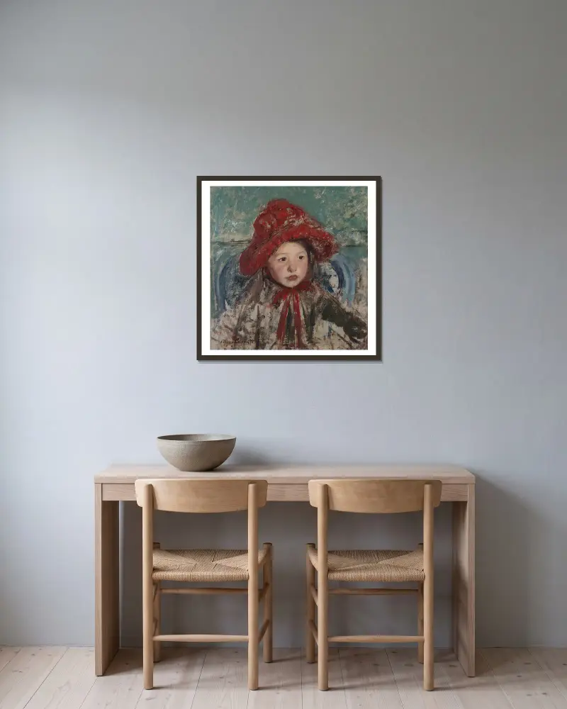 Kleines Mädchen mit großem rotem Hut von Mary Cassatt gerahmt an einer Wand