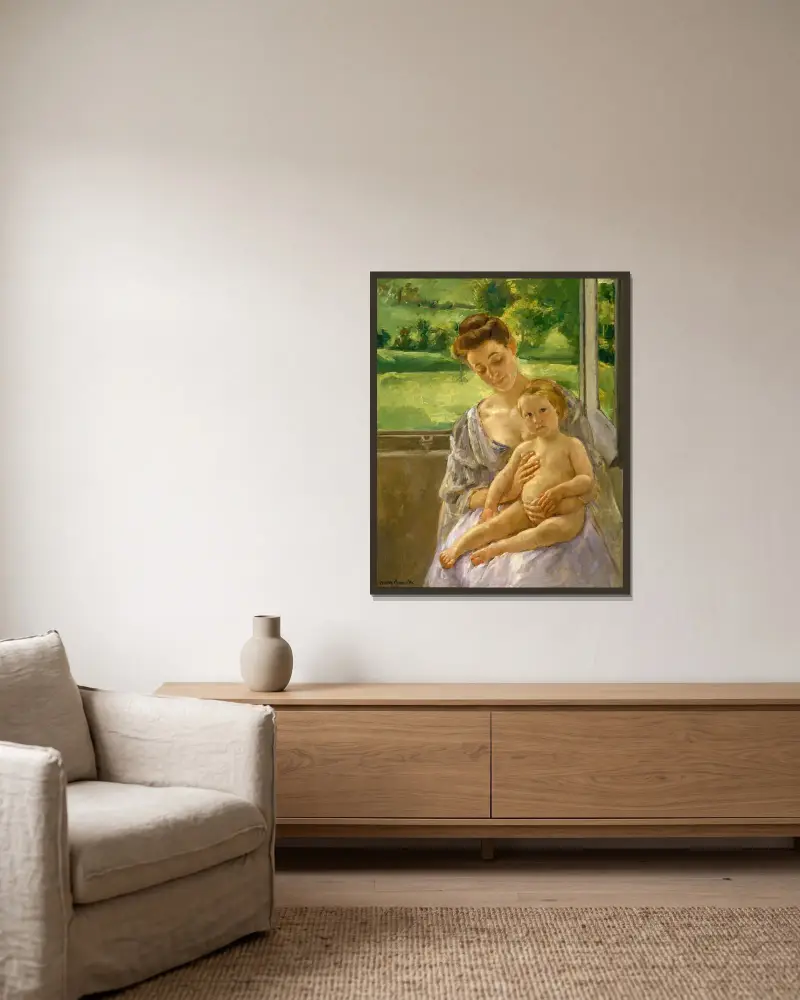 Mor och barn i vinterträdgården av Mary Cassatt inramad på en vägg