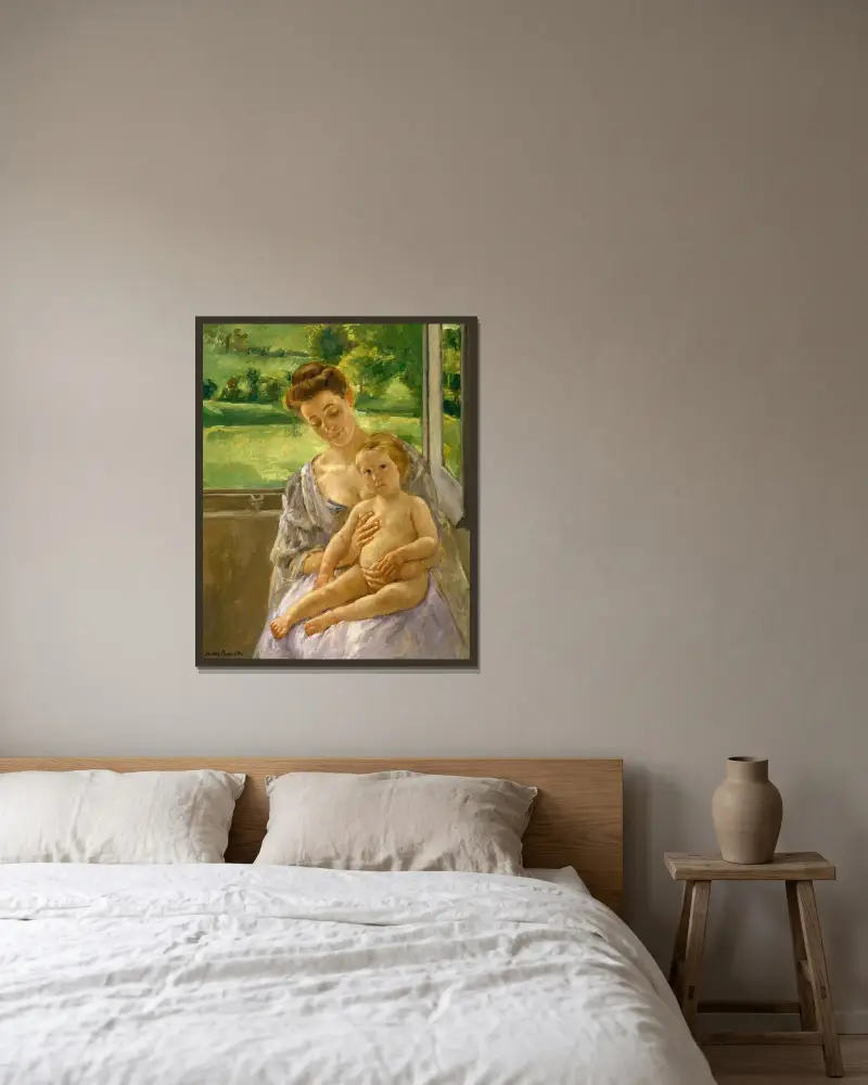 Mor och barn i vinterträdgården av Mary Cassatt inramad på en vägg