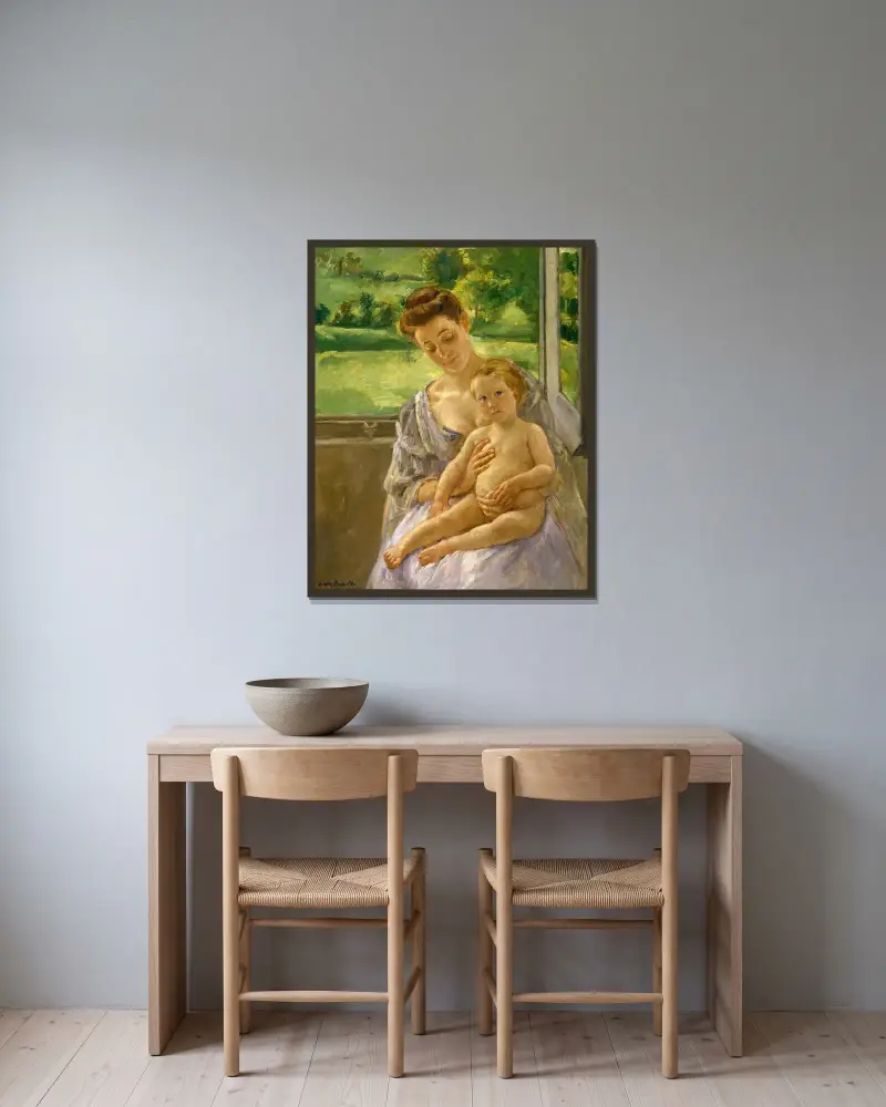 Mor och barn i vinterträdgården av Mary Cassatt inramad på en vägg