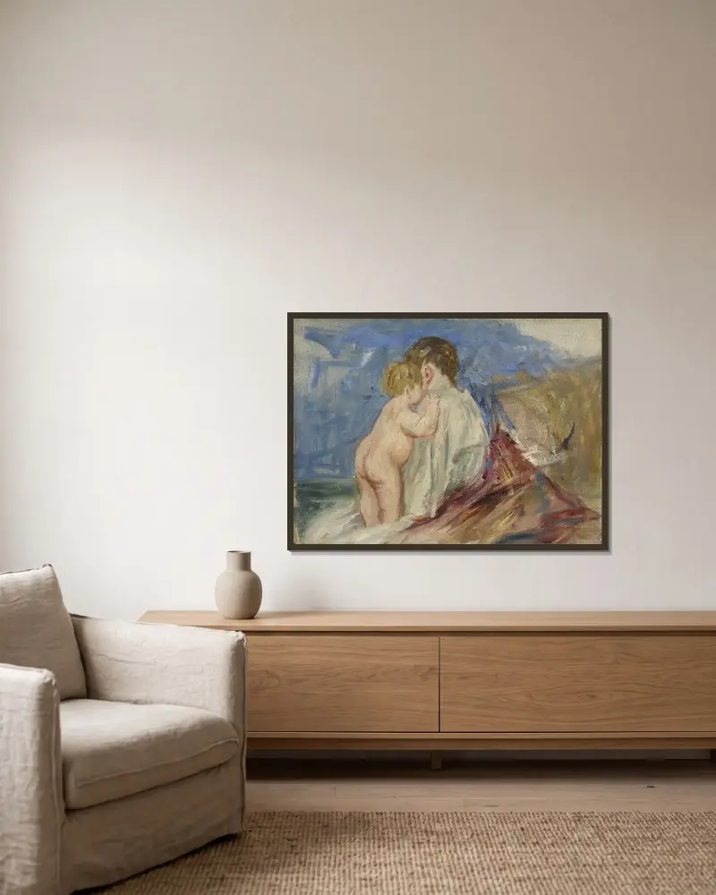 Sitzende Mutter mit stehendem Kind neben sich in einer Landschaft von Mary Cassatt gerahmt an einer Wand