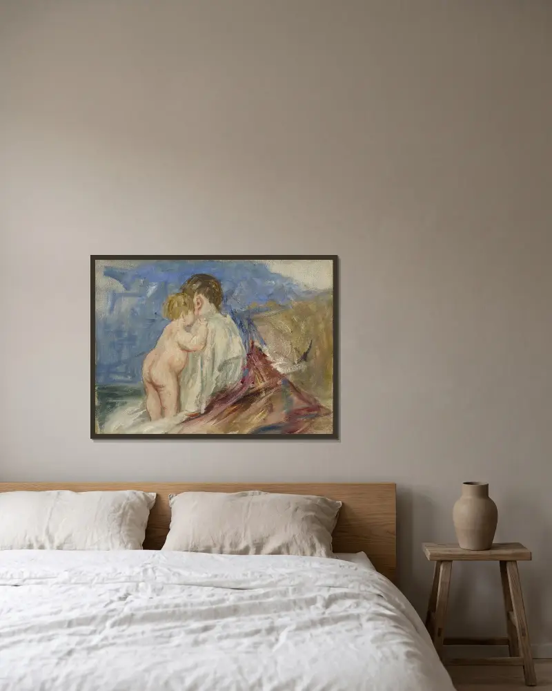 Sitzende Mutter mit stehendem Kind neben sich in einer Landschaft von Mary Cassatt gerahmt an einer Wand