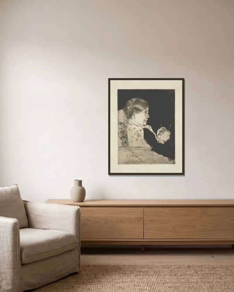 Mrs. Cassatt knitting, profile view av Mary Cassatt inramad på en vägg