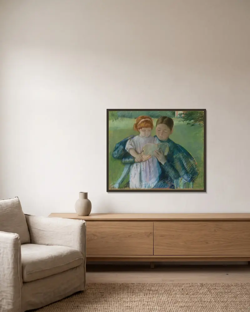 Sköterska läser för en liten flicka av Mary Cassatt inramad på en vägg