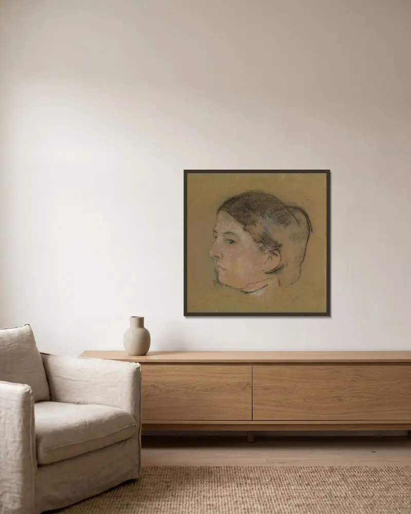 Skiss av ett kvinnohuvud i profil åt vänster (nr 1) av Mary Cassatt inramad på en vägg