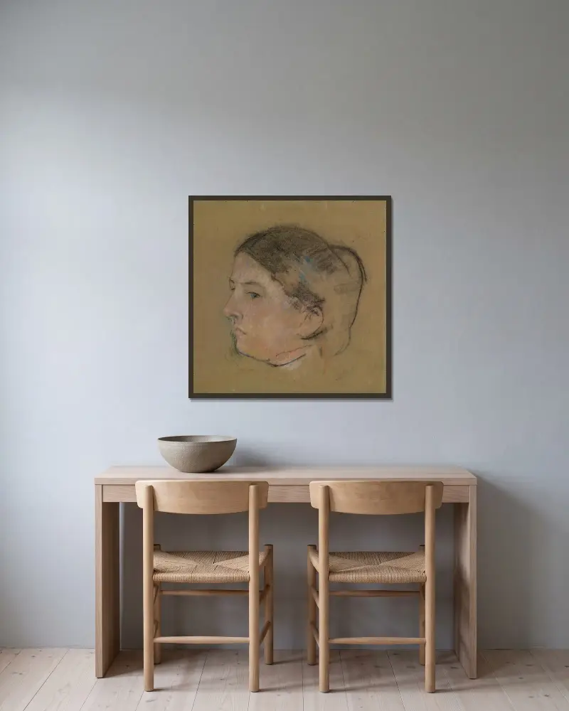 Skiss av ett kvinnohuvud i profil åt vänster (nr 1) av Mary Cassatt inramad på en vägg