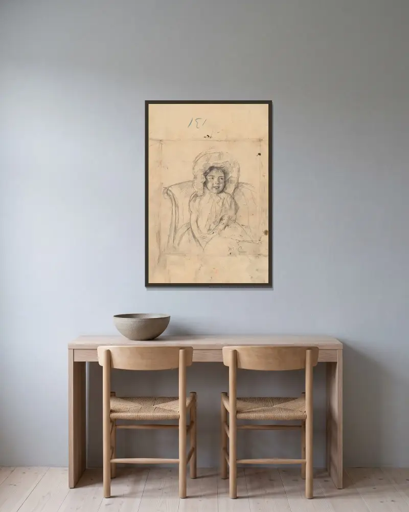 Leende Margot med volangbahuatt av Mary Cassatt inramad på en vägg