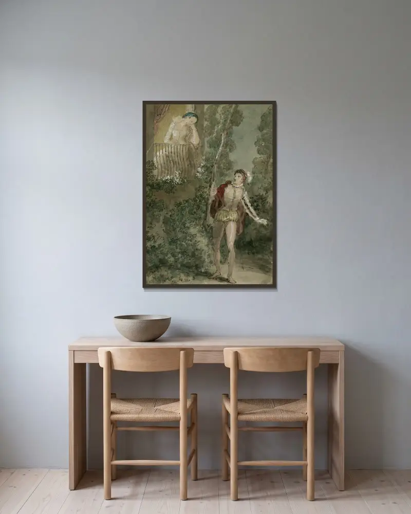 Eine Szene aus Romeo und Julia – die Balkonszene von John Massey Wright gerahmt an einer Wand