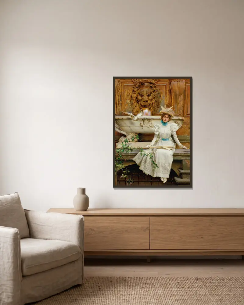 Przy fontannie (Dwie gołębice), Vittorio Matteo Corcos w ramie na ścianie