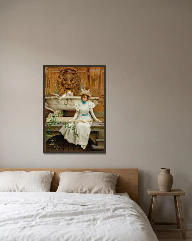 Przy fontannie (Dwie gołębice), Vittorio Matteo Corcos w ramie na ścianie