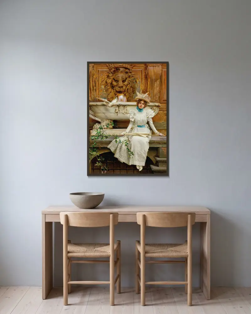 Przy fontannie (Dwie gołębice), Vittorio Matteo Corcos w ramie na ścianie