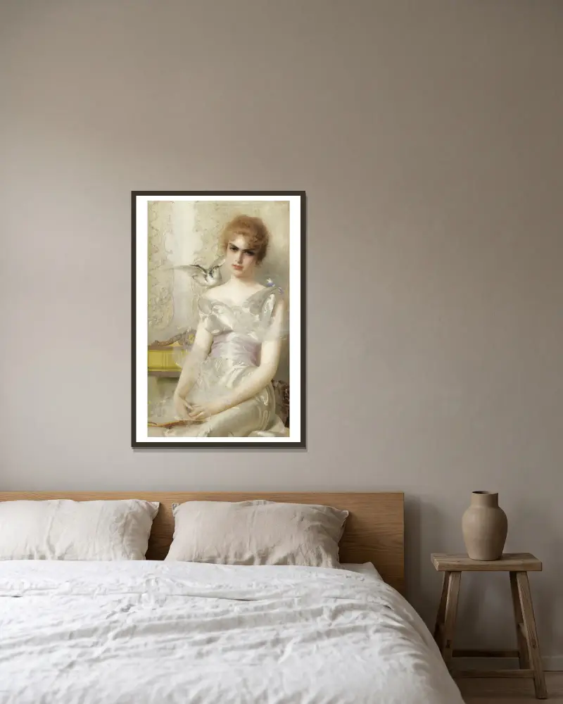 Porträtt av ung kvinna av Vittorio Matteo Corcos inramad på en vägg
