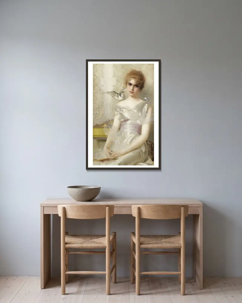 Porträtt av ung kvinna av Vittorio Matteo Corcos inramad på en vägg