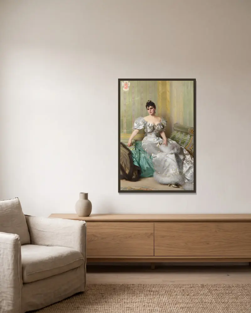 Porträtt av Corinna Salmon av Vittorio Matteo Corcos inramad på en vägg