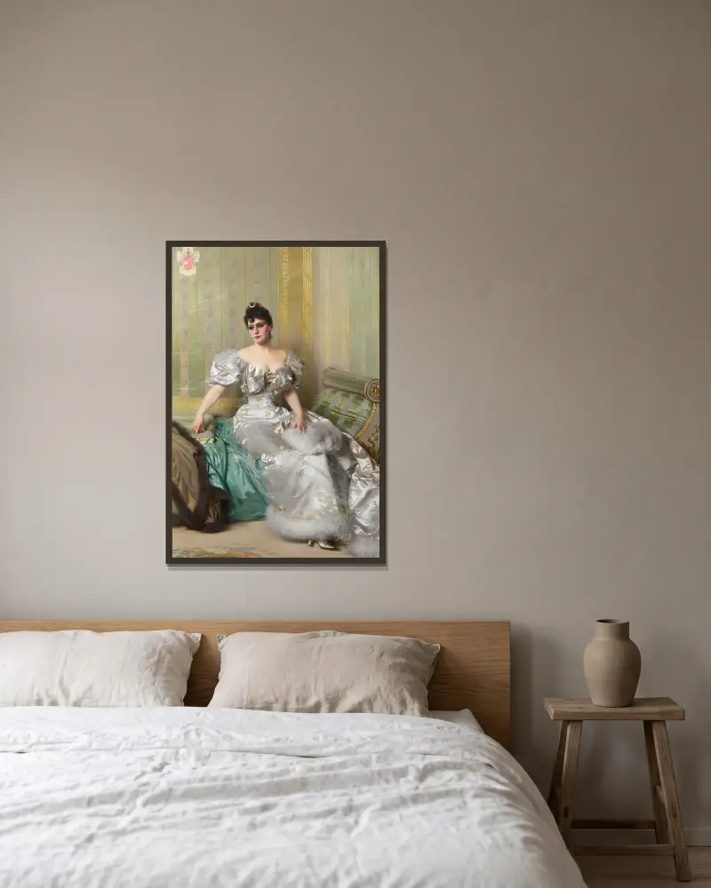 Porträtt av Corinna Salmon av Vittorio Matteo Corcos inramad på en vägg