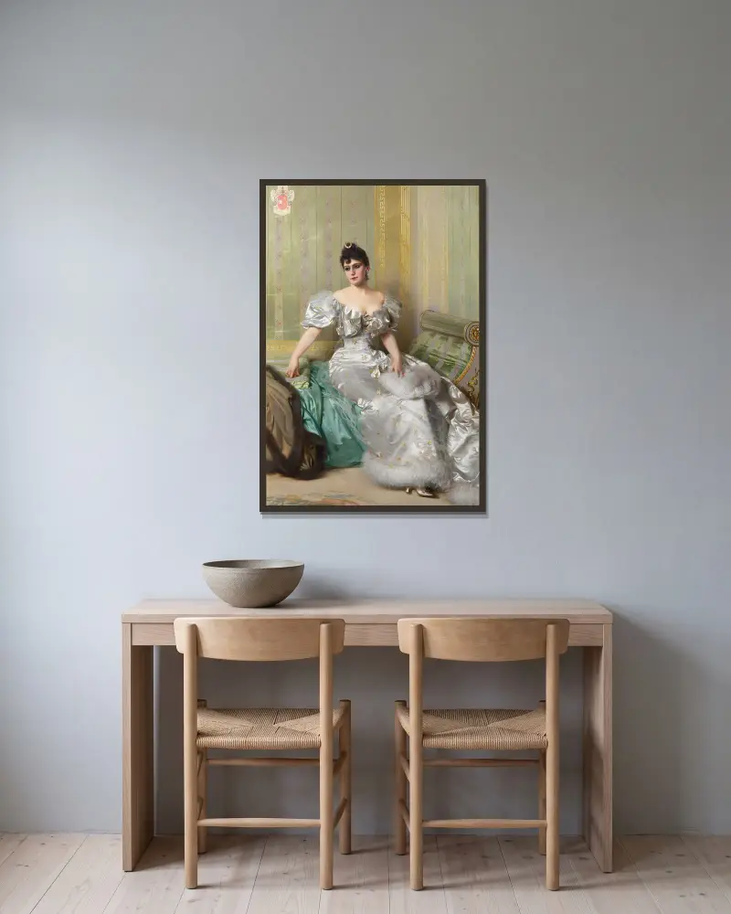 Porträtt av Corinna Salmon av Vittorio Matteo Corcos inramad på en vägg