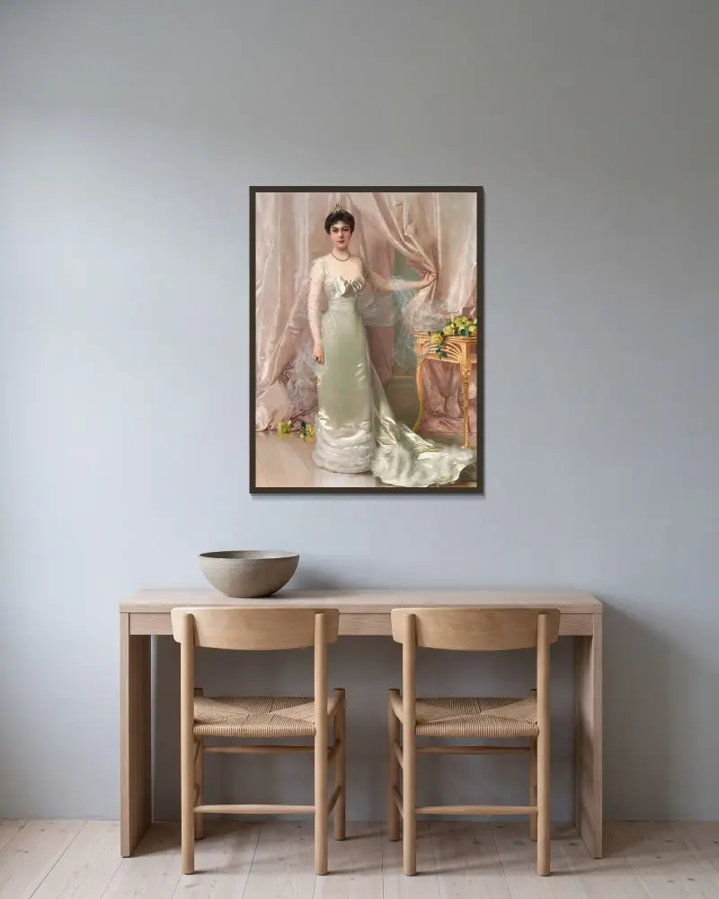 Porträtt av prinsessan Evelyne Colonna di Stigliano av Vittorio Matteo Corcos inramad på en vägg