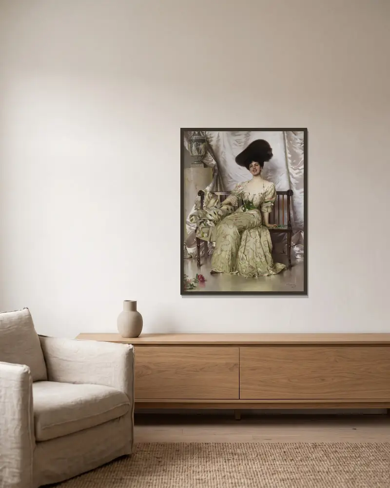 Porträtt av grevinnan Nerina Pisani Volpi di Misurata av Vittorio Matteo Corcos inramad på en vägg