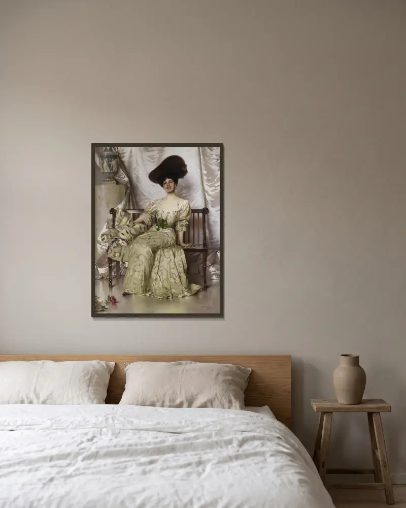 Porträtt av grevinnan Nerina Pisani Volpi di Misurata av Vittorio Matteo Corcos inramad på en vägg