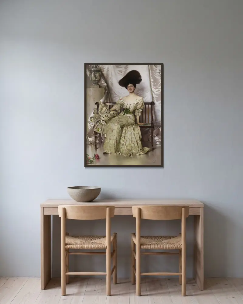 Porträtt av grevinnan Nerina Pisani Volpi di Misurata av Vittorio Matteo Corcos inramad på en vägg