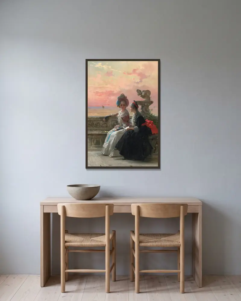 Un Secret Partagé av Vittorio Matteo Corcos inramad på en vägg