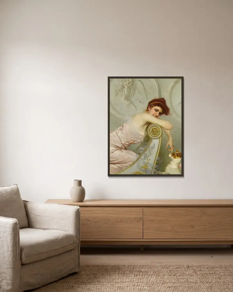 Junge Dame mit Welpe von Vittorio Matteo Corcos gerahmt an einer Wand
