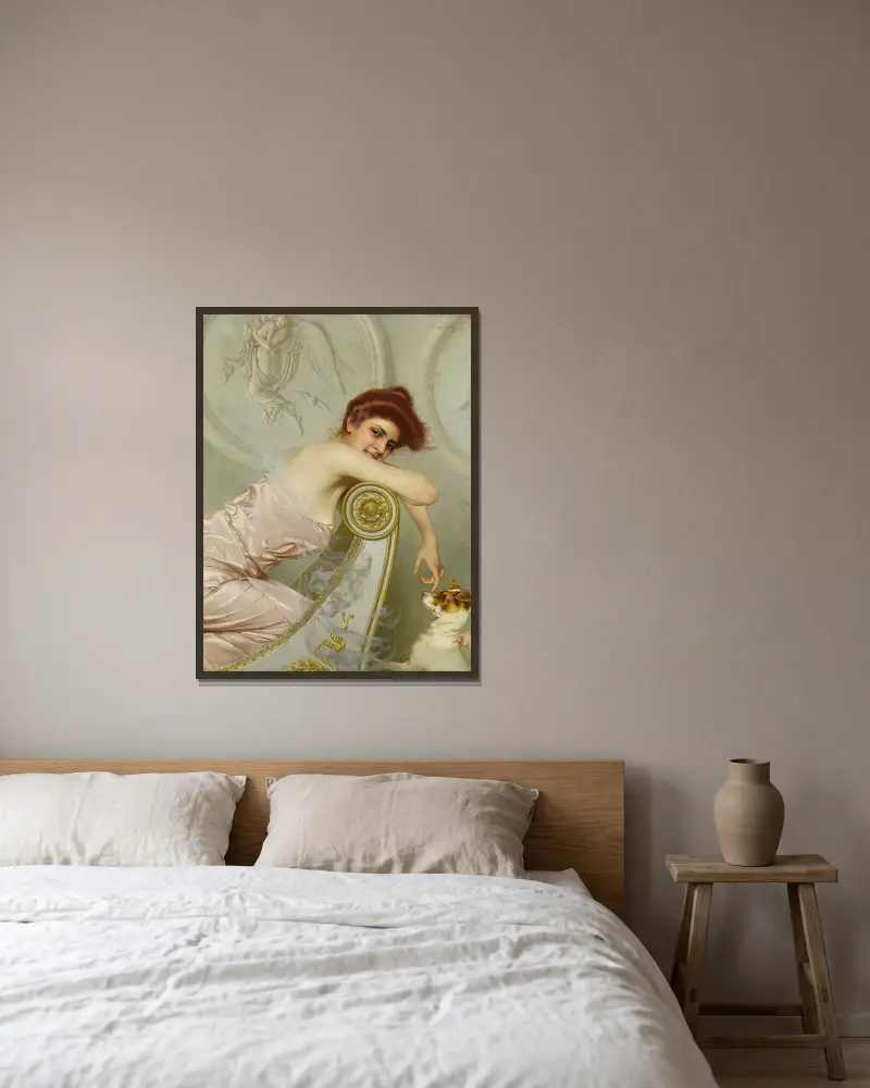 Junge Dame mit Welpe von Vittorio Matteo Corcos gerahmt an einer Wand