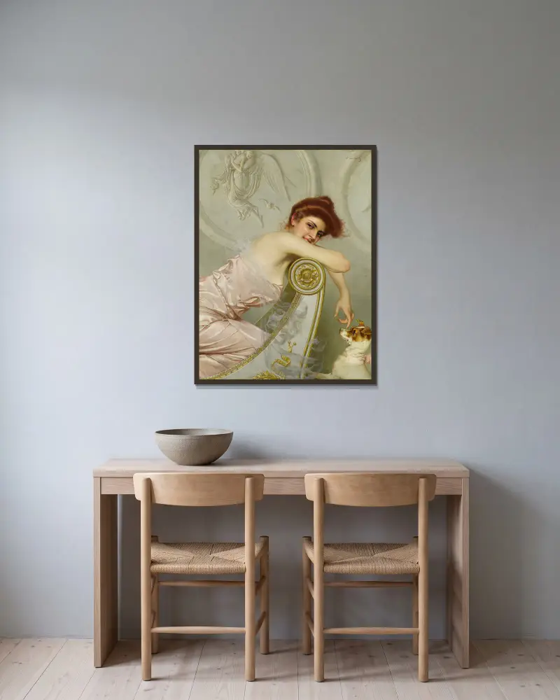 Junge Dame mit Welpe von Vittorio Matteo Corcos gerahmt an einer Wand