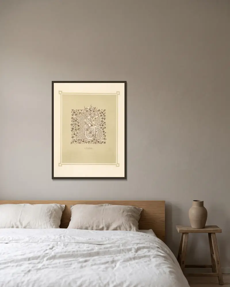 Heraldiskt alfabet, plansch 18 av Adolf Matthias Hildebrandt inramad på en vägg