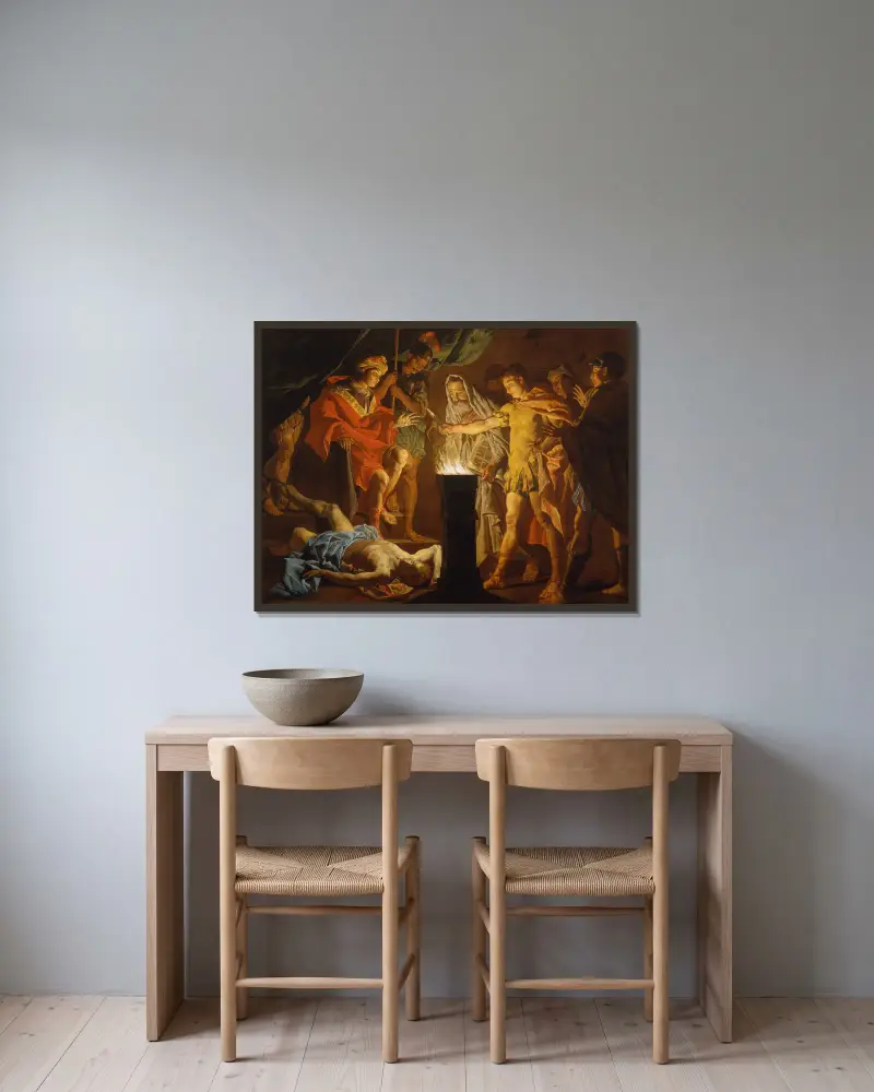 Mucius Scaevola inför Lars Porsenna av Matthias Stom inramad på en vägg