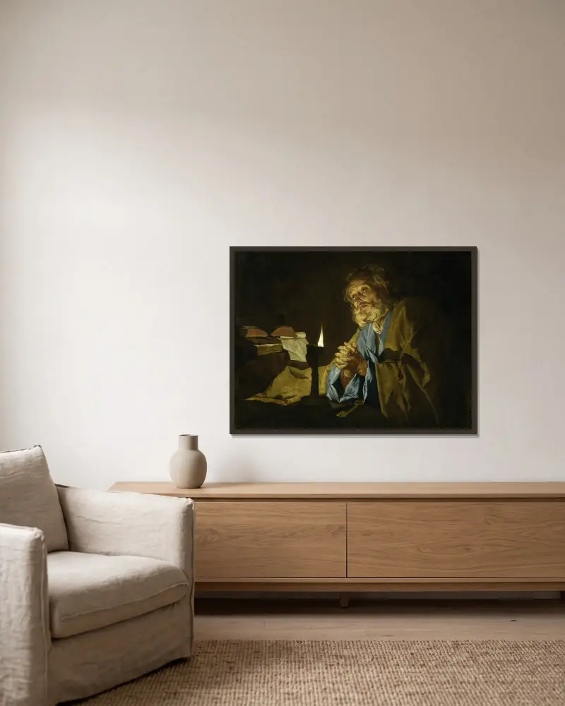 Saint Peter in prayer av Matthias Stom inramad på en vägg