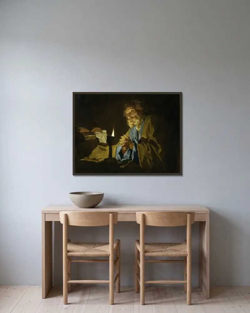 Saint Peter in prayer av Matthias Stom inramad på en vägg