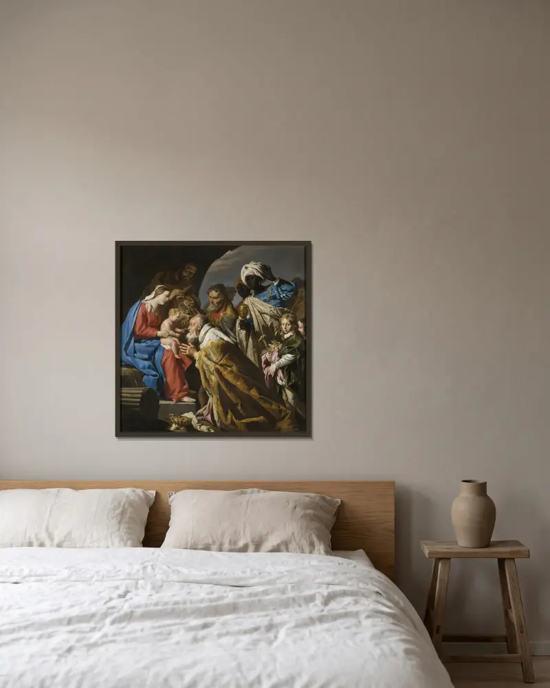 The Adoration of the Magi av Matthias Stom inramad på en vägg