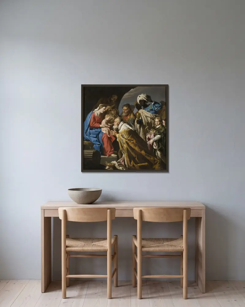 The Adoration of the Magi av Matthias Stom inramad på en vägg