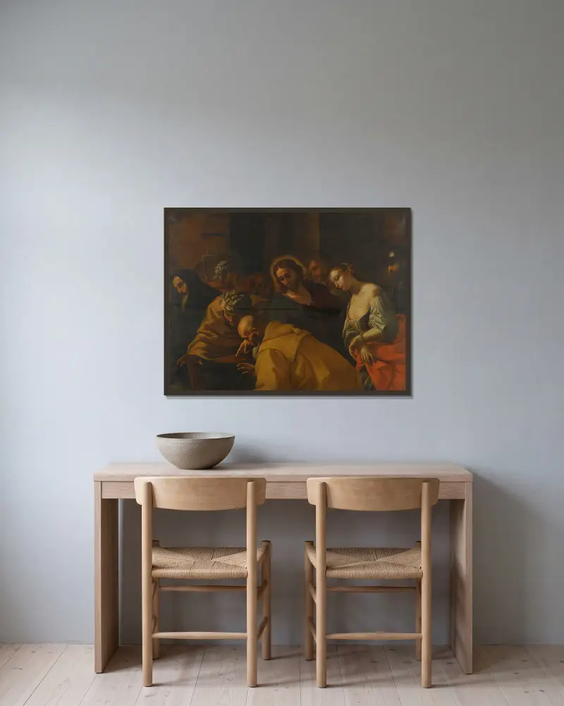 Christus und die Ehebrecherin – Nr. 2 von Mattia Preti gerahmt an einer Wand