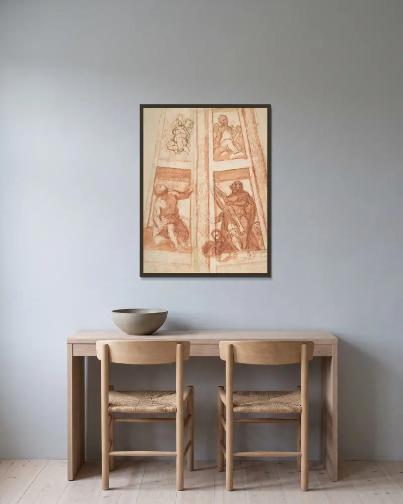 Utkast till utsmyckning av en kupol med en profet, kung David och två putti av Mattia Preti inramad på en vägg