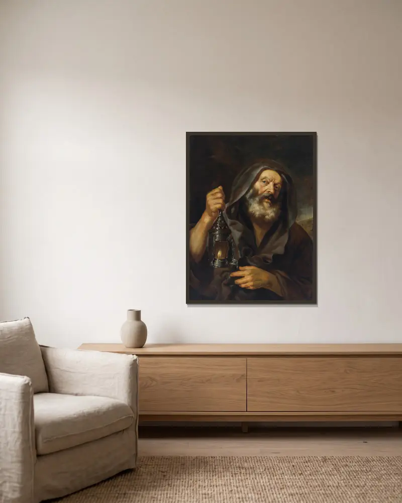 Diogenes mit seiner Laterne auf der Suche nach einem ehrlichen Menschen von Mattia Preti gerahmt an einer Wand