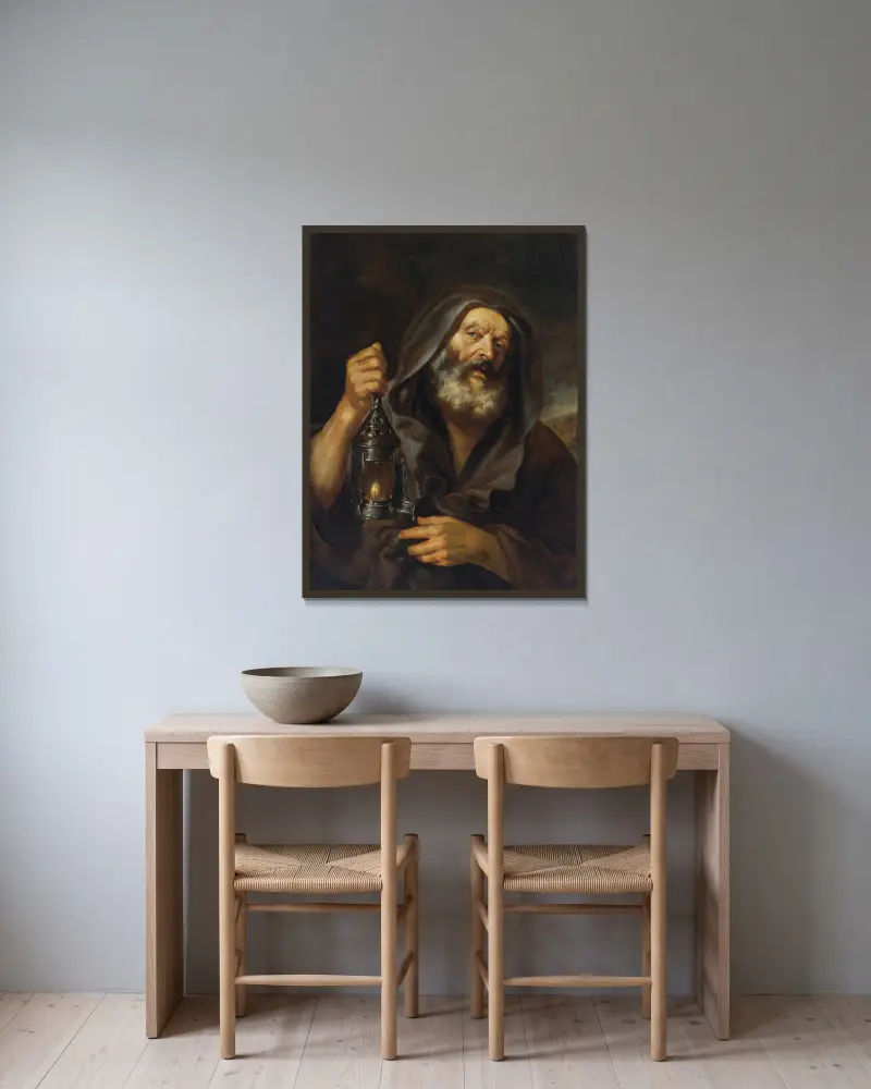 Diogenes mit seiner Laterne auf der Suche nach einem ehrlichen Menschen von Mattia Preti gerahmt an einer Wand