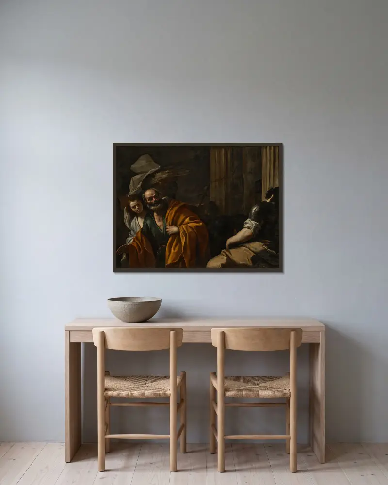Frigivningen av aposteln Petrus av Mattia Preti inramad på en vägg