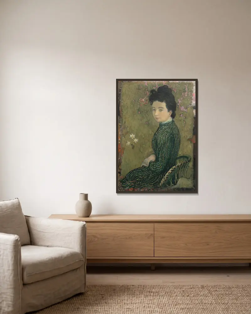 Eva Meurier i grön klänning av Maurice Denis inramad på en vägg