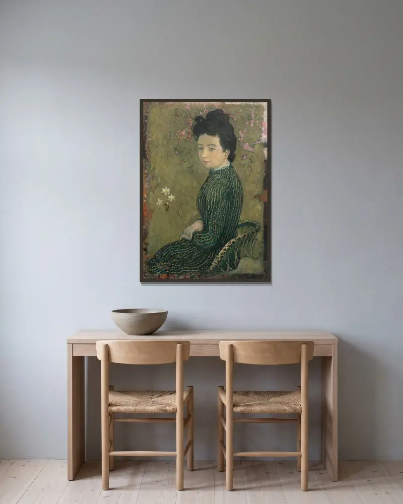 Eva Meurier i grön klänning av Maurice Denis inramad på en vägg