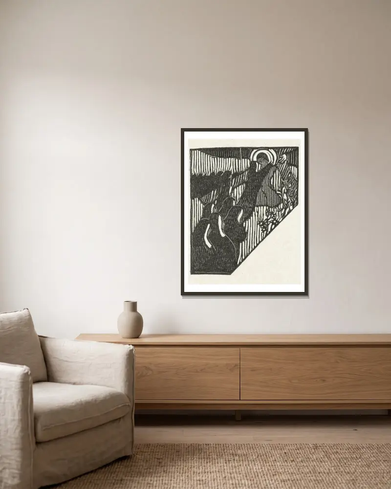 Illustration med Kristi korsbärande och nunnor av Maurice Denis inramad på en vägg