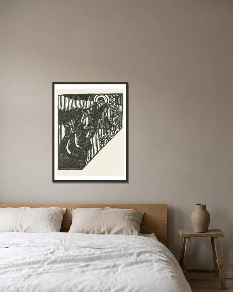 Illustration med Kristi korsbärande och nunnor av Maurice Denis inramad på en vägg