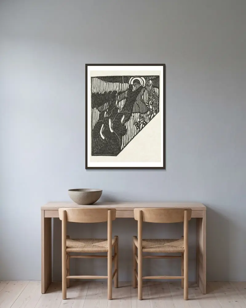 Illustration med Kristi korsbärande och nunnor av Maurice Denis inramad på en vägg